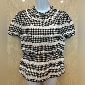 NEW J CREW Black & White Gingham Daisy Chain Top Blouse Size S Crochet Lace Trim